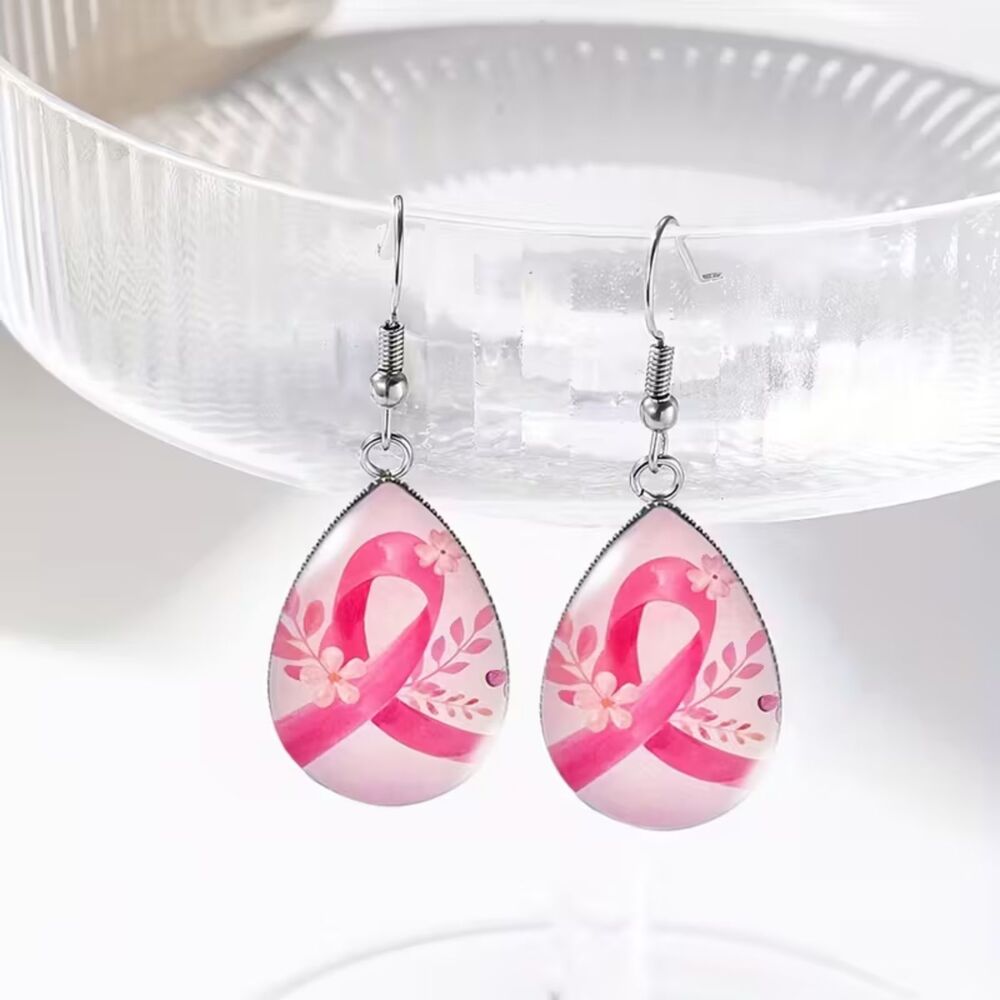 Pink Ribbon Breast Cancer Drop Earrings Teardrop Stainless Dangle Glass Pendant